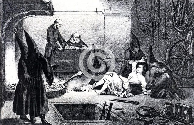 Scene of a torment of a woman with various torture devices, etching, 1880.