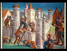 Scene of a battle defending Constantinople, miniature of the incunabula Ogier le Danois printe…