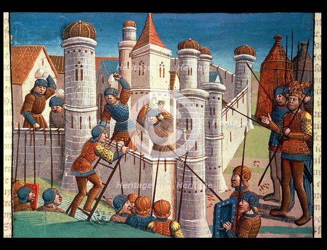 Scene of a battle defending Constantinople, miniature of the incunabula 'Ogier le Danois', printe…