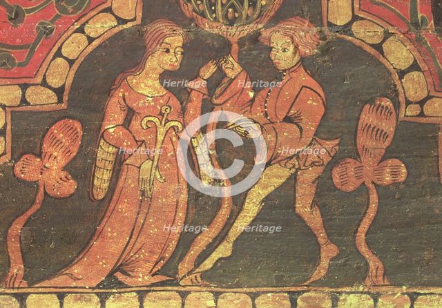 Scene of a loving couple, detail of a table in the coffered ceiling of the castle of Peñafiel (Va…