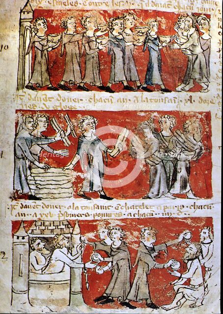 Scene of daily life at the College Hubaut of Paris (Sorbonne), 14th century miniature.