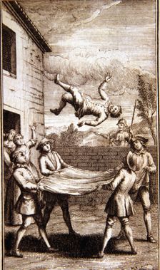 Scene of Sancho tossed in a blanket in the inn, Don Quixote of La Mancha Paris booksellers com…