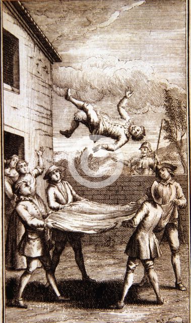 Scene of Sancho tossed in a blanket in the inn, 'Don Quixote of La Mancha', Paris booksellers com…