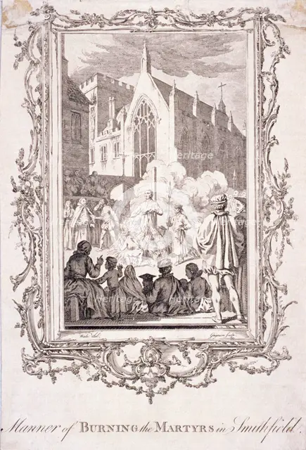 Scene of protestants being burnt at Smithfield, 16th century, (c1760).  Artist: Charles Grignion