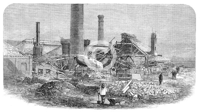 Scene of the boiler explosion at Millfield Ironworks, near Wolverhampton, 1862. Creator: Unknown.