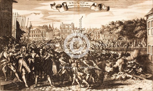 Scene of the crowd murdering Cornelis and Johan de Witt, The Hague, 20 August 1672, 1675. Creator: Anonymous.