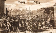 Scene of the crowd murdering Cornelis and Johan de Witt, The Hague, 20 August 1672, 1675. Creator: Anonymous