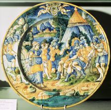 Scene of the Darius family before Alexander, decorating a Faenza dish of 1563