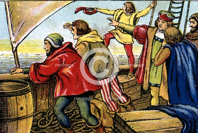 Scene of the discovery of America, sailors of the caravel 'La Pinta' crying 'Land ho', color engr…