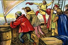 Scene of the discovery of America, sailors of the caravel La Pinta crying Land ho color engr…