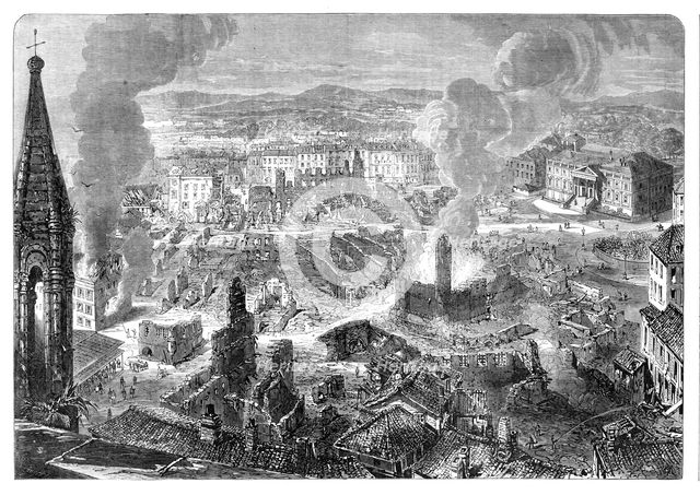 Scene of the Great Fire at Limoges, France - from a sketch by our special artist, 1864. Creator: Smyth.
