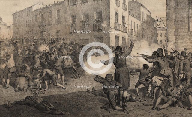 Scene of the popular uprising in Madrid against the French army of Napoleon on May 2, 1808, engra…