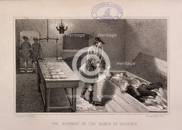 Scene of the robbery of a baker at Hackney, London, c1730. Artist: Dean & Co
