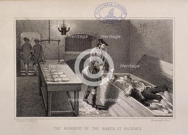 Scene of the robbery of a baker at Hackney, London, c1730. Artist: Dean & Co