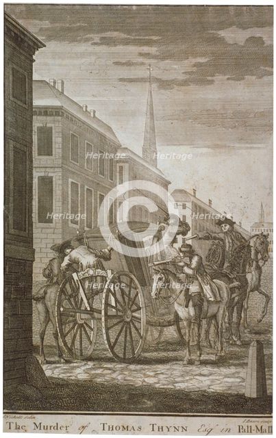 Scene of Thomas Thynne's murder in Pall Mall, Westminster, London, 1682 (c1775). Artist: James Basire I