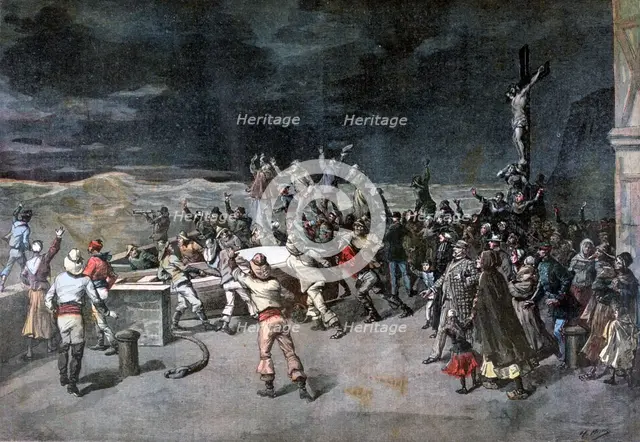 Scene seven, the rescue, from the play "Maitre D'Armes", Port of Saint-Martin, 1892. Creator: Henri Meyer.