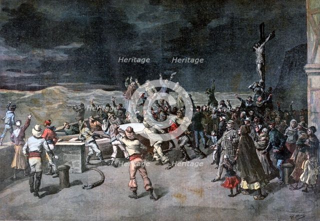 Scene seven, the rescue, from the play "Maitre D'Armes", Port of Saint-Martin, 1892. Creator: Henri Meyer.