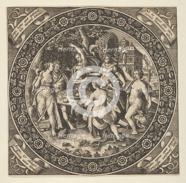 Scene with a Feast of Love in a Circle at Center, 1580-1600. Creator: Theodor de Bry.