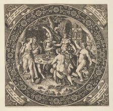 Scene with a Feast of Love in a Circle at Center, 1580-1600. Creator: Theodor de Bry