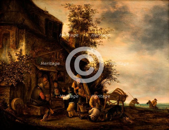 Scene with a hurdy-gurdy player and a boy violinist outside a tavern, 1675-1700. Creator: Gert van Hensen.
