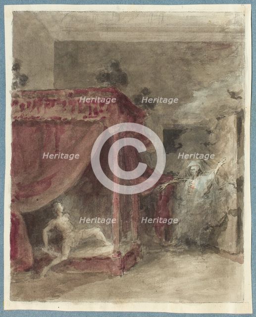 Scene with a skeleton appearing to a figure in bed, c1750s. Creator: George Dance.