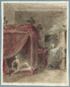 Scene with a skeleton appearing to a figure in bed, c1750s. Creator: George Dance