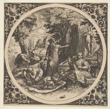 Scene with a Warning Against Venereal Disease in a Circle at Center, 1580-1600. Creator: Theodor de Bry