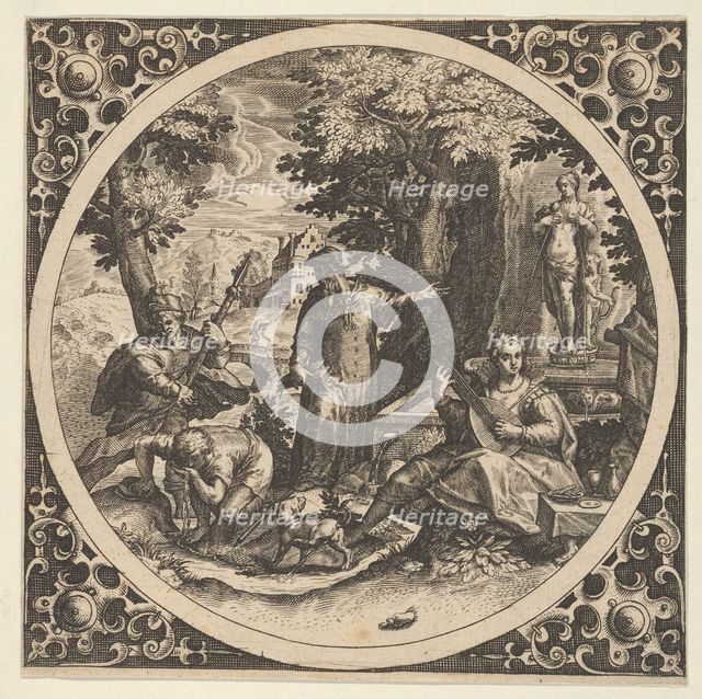 Scene with a Warning Against Venereal Disease in a Circle at Center, 1580-1600. Creator: Theodor de Bry.