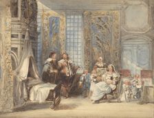 Scene with Family and Guest in Seventeenth-century Interior, 1825-78. Creator: Attributed to Joseph Nash