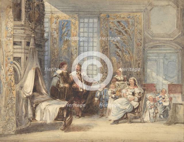 Scene with Family and Guest in Seventeenth-century Interior, 1825-78. Creator: Attributed to Joseph Nash.