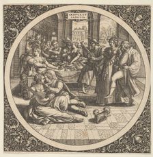 Scene with Galants at a Banquet in a Circle at Center, 1580-1600. Creator: Theodor de Bry