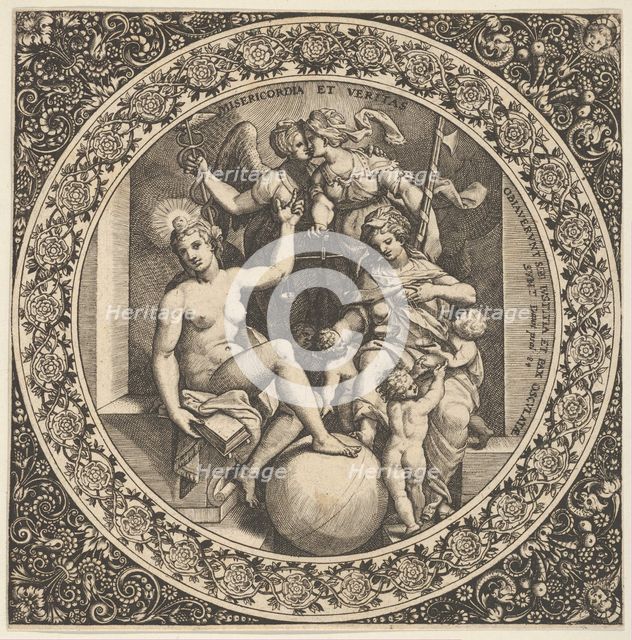 Scene with Misericordia and Veritas in a Circle at Center, 1580-1600. Creator: Theodor de Bry.