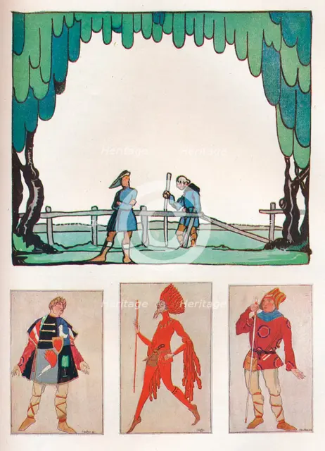 'Scenery for As You Like It (Act I, Scene I) and Costumes of Amiens and Lebeau', 1919. Artist: Claud Lovat Fraser.