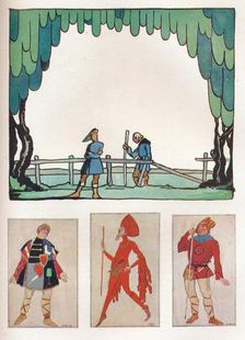 Scenery for As You Like It (Act I, Scene I) and Costumes of Amiens and Lebeau 1919. Artist: Claud Lovat Fraser