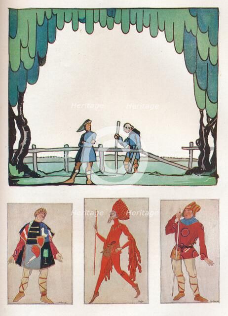 'Scenery for As You Like It (Act I, Scene I) and Costumes of Amiens and Lebeau', 1919. Artist: Claud Lovat Fraser.