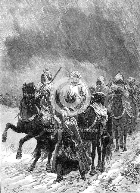 Scenes of the Late War in France: retreat from Le Mans - Ghoums and Spahis in the snow, 1871. Creator: William James Palmer.