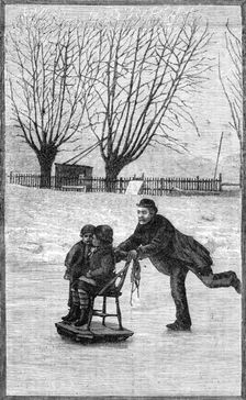 Scenes on the frozen Thames: an extemporised sledge, 1881. Creator: Unknown