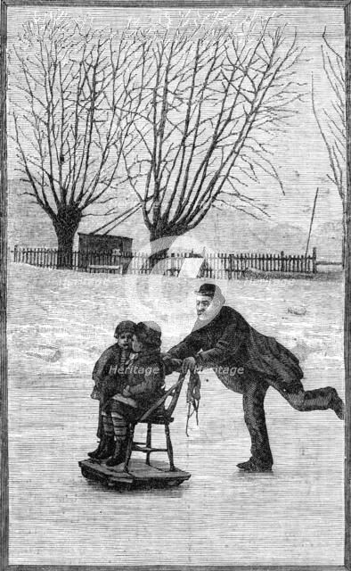 Scenes on the frozen Thames: an extemporised sledge, 1881. Creator: Unknown.