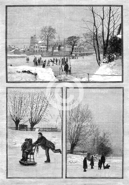 Scenes on the frozen Thames: an extemporised sledge; at Twickenham; near Teddington, 1881. Creator: Unknown.