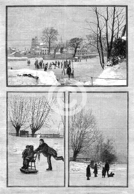 Scenes on the frozen Thames: an extemporised sledge; at Twickenham; near Teddington, 1881. Creator: Unknown.