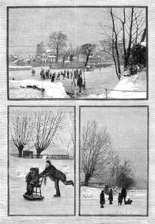 Scenes on the frozen Thames: an extemporised sledge; at Twickenham; near Teddington, 1881. Creator: Unknown