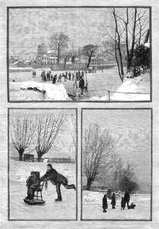 Scenes on the frozen Thames: an extemporised sledge; at Twickenham; near Teddington, 1881. Creator: Unknown