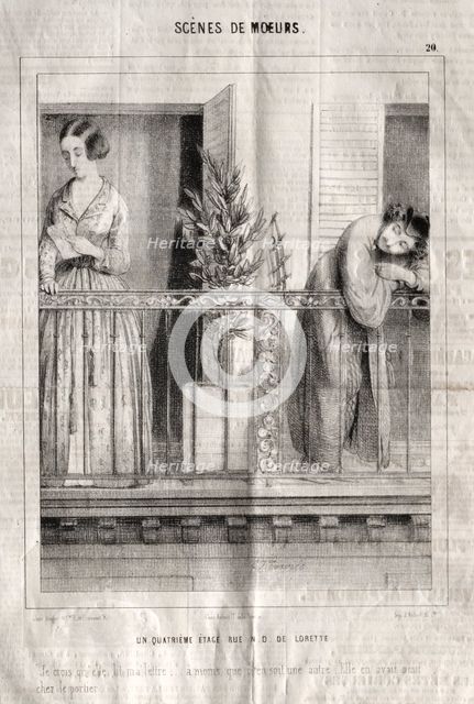 Scènes de moeurs: Un quatrieme étage rue N. D. de Lorette. Je crois quelle lit ma lettre.... Creator: Charles Joseph Traviès de Villers (French, 1804-1859).