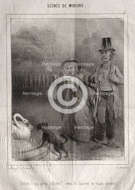 Scènes de moeurs: Bellotte! ma petite Bellote! veux-tu laisser ce vilain poisson!. Creator: Charles Joseph Traviès de Villers (French, 1804-1859).