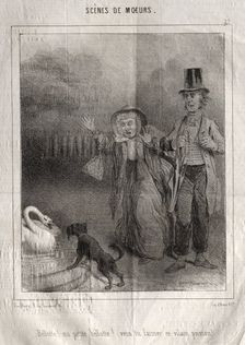 Scènes de moeurs: Bellotte! ma petite Bellote! veux-tu laisser ce vilain poisson!. Creator: Charles Joseph Traviès de Villers (French, 1804-1859)