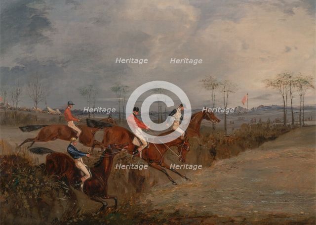 Scenes From a Steeplechase: Another Hedge, ca. 1845. Creator: Henry Thomas Alken.