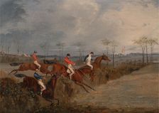 Scenes From a Steeplechase: Another Hedge, ca. 1845. Creator: Henry Thomas Alken