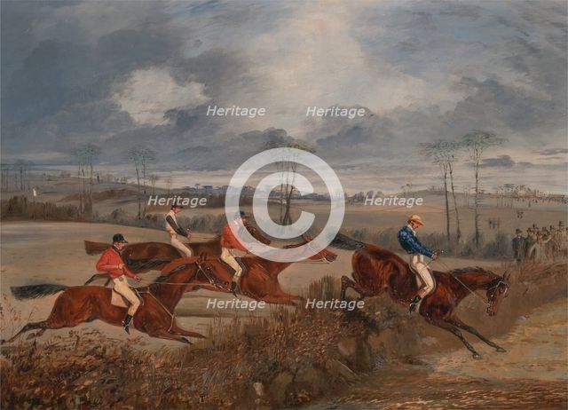 Scenes from a steeplechase: Taking a Hedge, ca. 1845. Creator: Henry Thomas Alken.