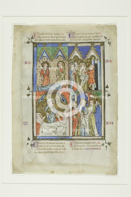 Scenes from the Miracles of St. Peter, from a Bible Historiale or Pictorial New Testament, c. 1350. Creator: Unknown.