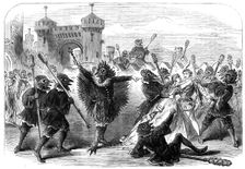 Scenes from the Christmas pantomimes:..."Cock-a-Doodle-Doo" - escape of Finfin and Rosytint..., 1865 Creator: Unknown